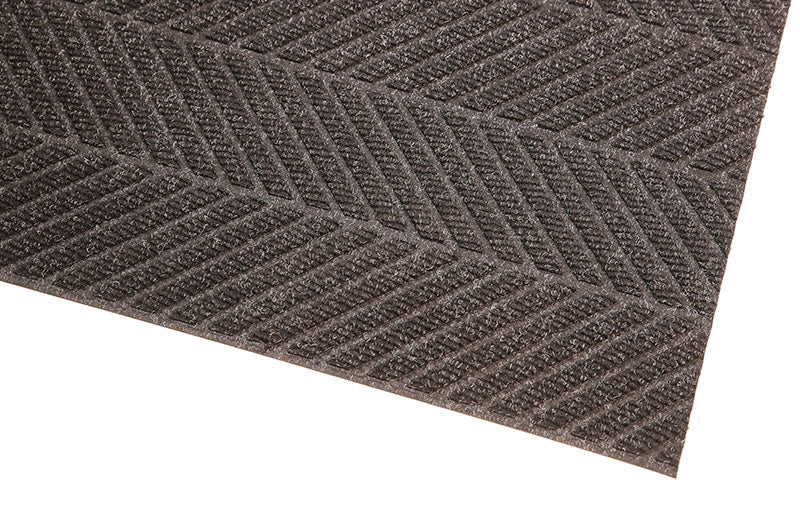 Corner product image of the Charcoal Waterhog Eco Elite Fashion mat with polyester edging. The Mat Group UK.